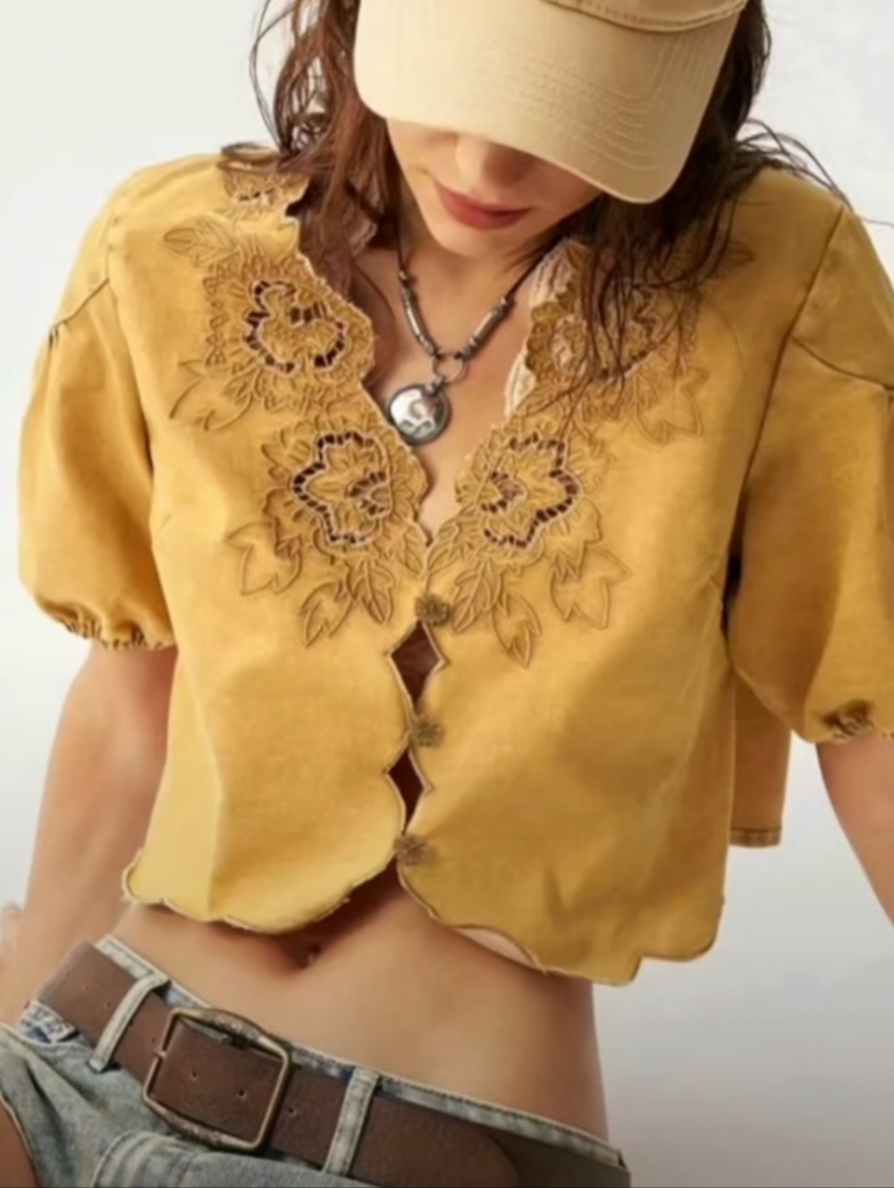 Mustard Floral Embroidered Scallop-Edge Boho Top